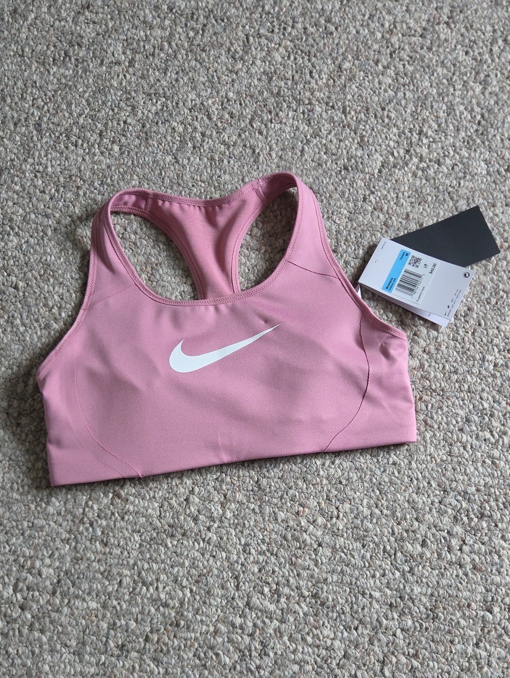 New Nike Pink Racerback Medium-Support Sports Bra with White Swoosh.